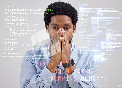 Image of Black man, surprised portrait and computer virus overlay with online scam and hacker malware. Software glitch, error and system fail of a male professional with tech error, user problem and stress