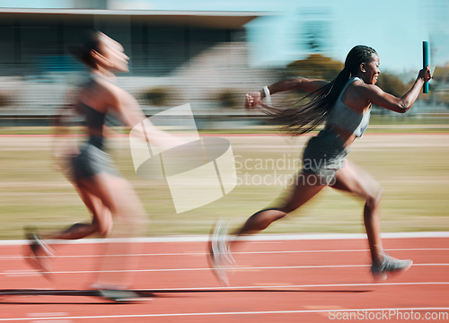 Image of Action, race and women running relay sprint in competition for fitness game and training, energy or wellness on a track. Sports, stadium and athletic people or runner exercise, speed and workout