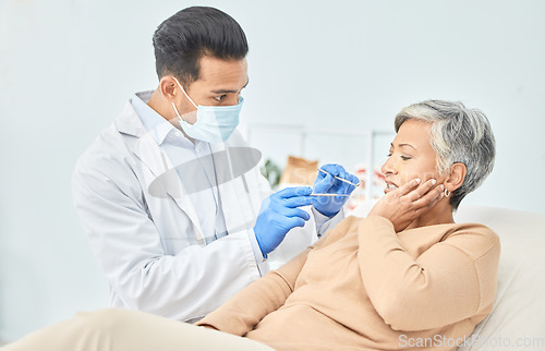 Image of Senior woman, dentist and toothache with healthcare, cleaning and dental work at clinic. Elderly patient, pain and consultation for oral hygiene and health with cavity exam and dentistry check