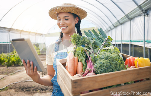 Image of Farmer, tablet and vegetables box for agriculture, sustainability and farming in greenhouse or agro business. Person on digital technology, harvest and gardening e commerce inventory and market sales