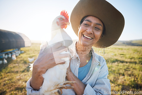 Image of Chicken, woman and smile in field, nature, countryside for farming, agriculture and sustainability. Agro industry, female and happy in outdoor environment holding livestock for growth and production