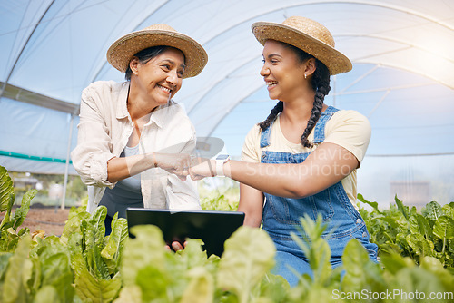 Image of Success, agriculture and teamwork with a tablet in a greenhouse for plants or sustainability. Happy people with technology and fist bump to celebrate farm growth, agro business or quality control app