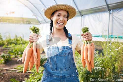 Image of Greenhouse, portrait of happy woman holding carrots at sustainable small business in agriculture and natural organic food. Girl working at agro farm, vegetable growth in garden and eco friendly pride