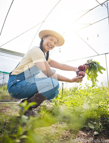 Image of Farming, portrait of happy woman holding vegetables at sustainable small business in agriculture and organic food. Girl working at agro greenhouse, beetroot growth in garden and eco friendly smile.