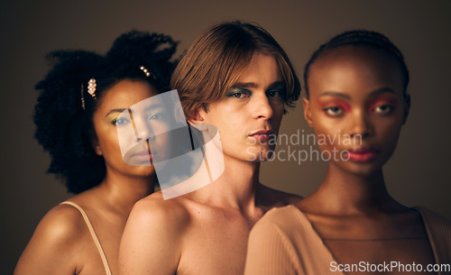 Image of Diversity, pride and portrait of people with beauty from queer or lgbtq community isolated in a studio brown background. Serious, man and women with creative makeup for equality and inclusion