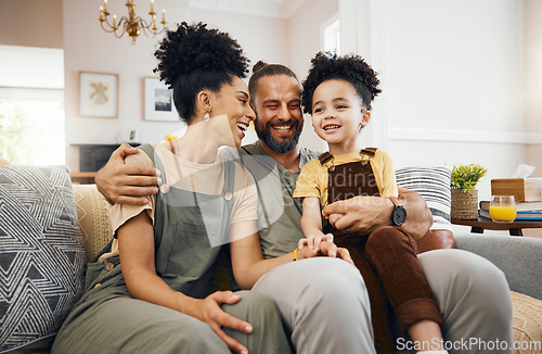 Image of Smile, relax and an interracial family on the sofa for conversation, love and bonding. Happy, house and a mother, father and a boy child on the couch for talking, care and together for communication