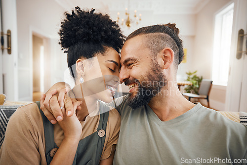 Image of Home, forehead or couple with love, smile or romantic with happiness, relationship or relax in a lounge. Commitment, man or woman on a sofa, marriage or romance with bonding, trust or loving together