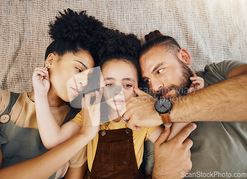 Image of Love, comfort and parents with crying child on floor for empathy, support or care from above. Depression, anxiety and kid face with parents for bullying, crisis or cry, sad or help with mental health