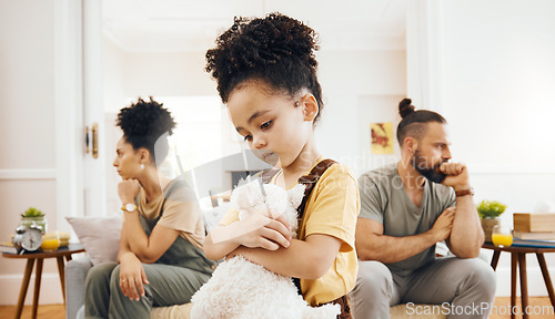 Image of Divorce, custody and sad boy child with teddy bear in living room for stress, support and comfort at home. Family, crisis and kid with anxiety for toxic parents, argue or dispute, depression or fear