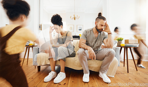 Image of Family, kid and tired parents on sofa with headache, stress or divorce fight for running child with energy. Chaos, burnout and children in living room with mother, father or frustrated anxiety crisis