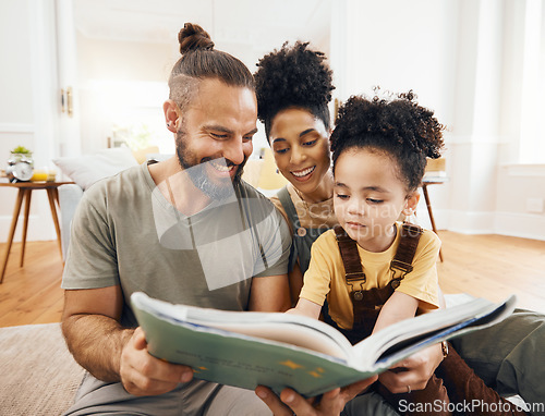 Image of Interracial parents, kid and reading with book, story and learning with care, love and teaching on floor. Father, mother and child with education, knowledge or language for development in family home