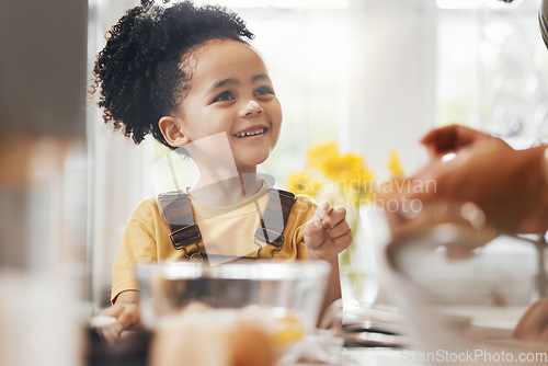 Image of Happy child in kitchen, baking and learning with parent and cake flour on face, little baker making breakfast or cookies. Food, cooking and excited boy chef in home with mixing bowl, tools and smile.