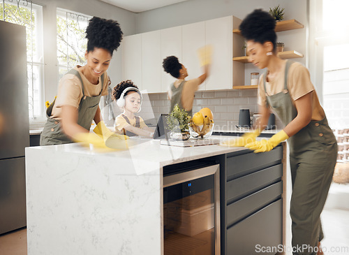 Image of Mom, cleaning kitchen or multitasking with boy child, listening to music, headphones or e learning tablet in family home. Mother or kid for hygiene, cloth or ppe for bacteria, dust or dirt composite