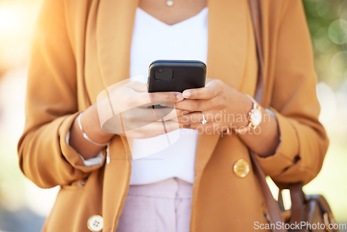 Image of Woman, phone and hands typing in social media, communication or outdoor networking in nature. Closeup of female person chatting or texting on mobile smartphone app or online research at the park