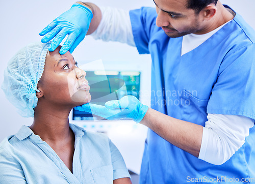 Image of Black woman, patient and doctor, plastic surgery and check face, health and medical consultation, beauty and trust. Help, medicine and cosmetic procedure, exam and healthcare with people at hospital