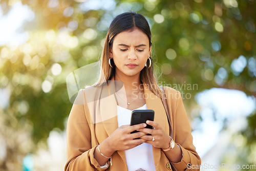 Image of Phone, text and confused woman in a city street frustrated by 404, glitch or phishing scam outdoor. smartphone, app and lady with wtf face for taxi request, quote or chauffeur service travel delay