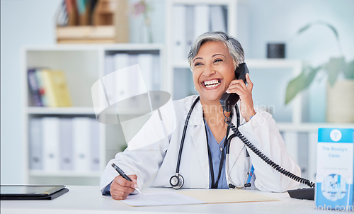 Image of Doctor, senior woman in office and phone call, telehealth and happy writing with health insurance and paperwork. Healthcare, wellness and communication, documents and information with compliance