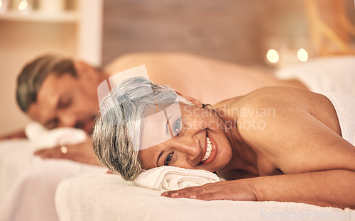 Image of Couple, massage and portrait of woman in spa to relax on holiday, vacation and anniversary celebration. Love, marriage and happy mature man and lady in beauty salon for luxury, calm and skincare