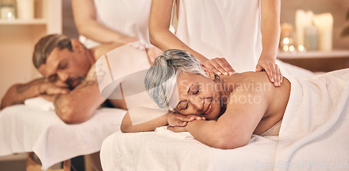 Image of Relax, massage and mature with couple in spa for vacation, zen and beauty salon. Peace, wellness and holiday with senior woman and man in hotel villa for retirement, oil treatment and body care