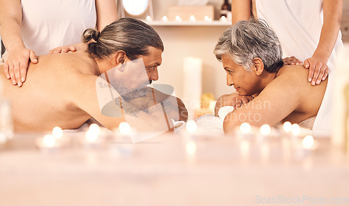 Image of Spa, massage and mature couple with masseuse for holiday, vacation and romantic anniversary. Retirement, luxury resort and man and woman in salon for beauty, therapy and skincare treatment for love