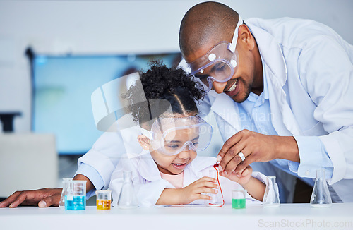 Image of Science, help and a child and father with liquid for a chemistry experiment or education. Happy, together and a man, scientist or dad with a girl kid and water for a physics project for research