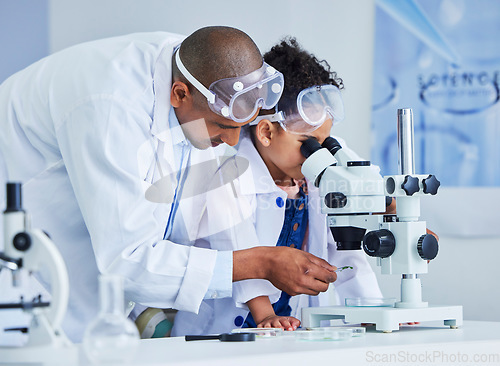 Image of Lab test, father and child with microscope for learning, research and science study. Scientist, student and chemistry project with a dad and young girl with medical education and laboratory analysis
