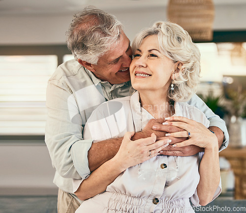 Image of Love, relax or happy old couple hug in home living room bonding together on holiday vacation with support. Retirement, smile or senior man laughing with a mature woman thinking of care in marriage