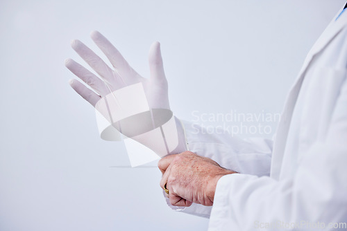 Image of Doctor, hand and glove for medical or health care with hygiene, medicine and wellness in studio. Closeup of a professional person with ppe for safety, protection and insurance on a white background