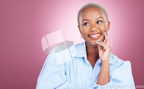 Image of Thinking, mockup or happy woman with beauty or ideas in studio isolated on purple background. Facial treatment, skincare benefits space or natural African model with glow, shine or makeup cosmetics