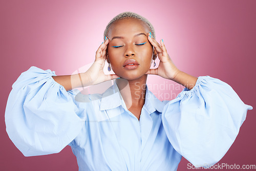 Image of Stress, headache and black woman in studio with anxiety, worry or brain fog on pink background. Hands, face and African female with temple massage for migraine, vertigo or choice, mistake and crisis