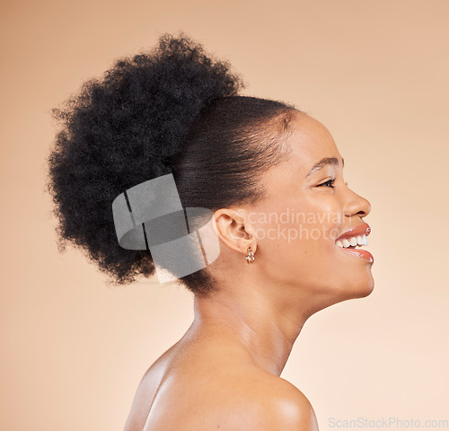 Image of Profile, skincare and beauty of black woman, smile and isolated on brown background in studio. Thinking, natural cosmetics and African model in spa facial treatment for aesthetic, wellness and health