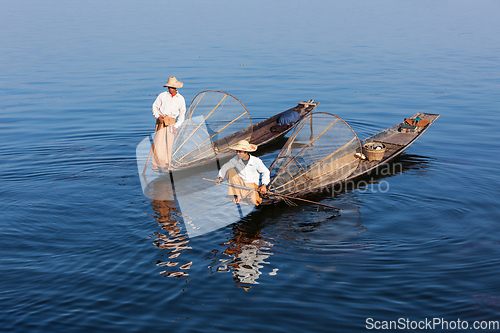 Image of Traditional Burmese fishermen at lake, Myanmar