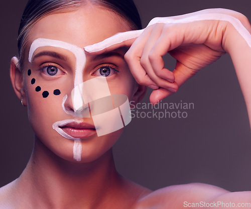 Image of Creative, makeup and woman with paint on face, beauty or artist with freedom of expression in cosmetics or fashion. Art, portrait or artistic model with creativity in skincare, style or aesthetic