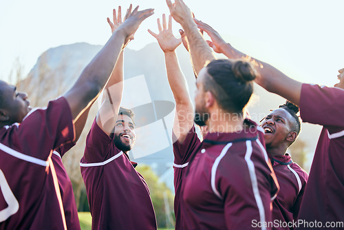 Image of Raised hands, sports and excited people, rugby team building and solidarity support, teamwork or cooperation. Motivation, group celebration cheers and excited player smile for athlete challenge