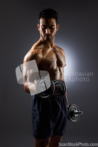 Image of Muscle, strong and studio man with dumbbell challenge results, arm workout development and body fitness progress. Dark shadow, gym equipment and sports athlete with training focus on grey background