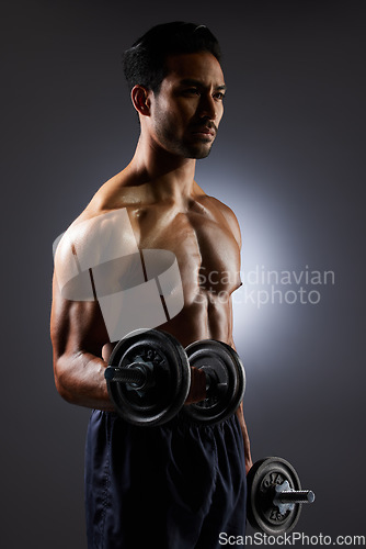 Image of Fitness, dark and a man with weights on a black background for muscle, health and exercise. Sports, idea and an Asian bodybuilder or strong athlete doing weightlifting for training with power