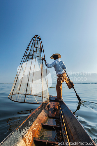 Image of Traditional Burmese fisherman at lake, Myanmar