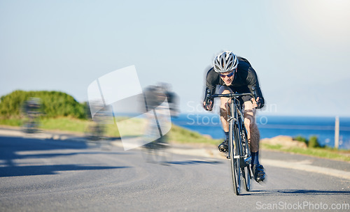 Image of Motion blur, race and cyclist on bike on road in mountain with helmet, exercise adventure trail and speed. Cycling action , nature and men with bicycle for fast workout, training motivation or energy