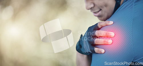 Image of Man, cycling or muscle injury, shoulder pain or emergency in training, fitness or exercise on mockup space. Cyclist, accident or closeup of hand on arm problem in workout, race or activity in nature