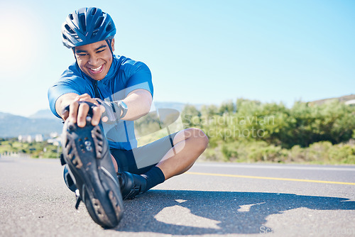 Image of Happy man, cyclist and stretching on road in fitness, outdoor workout or cardio exercise in nature. Active male person or biker smile in happiness for body warm up or getting ready for cycling tour