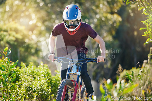 Image of Fitness, nature and man cycling in training for a race competition on biking trail or woods. Action, sports or fast cyclist athlete riding bicycle at speed for cardio exercise, fitness or workout