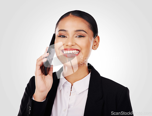 Image of Business woman, phone call and portrait, smile and lawyer negotiate deal and networking isolated on white background. Face, professional and corporate attorney, communication and mission in studio