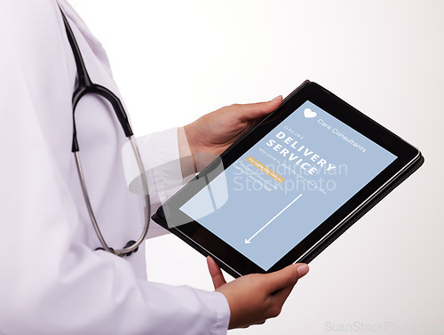 Image of Doctor, hands and tablet screen in Telehealth, healthcare or delivery service for online consultation. Closeup of medical person or health consultant with technology display app for telecommunication