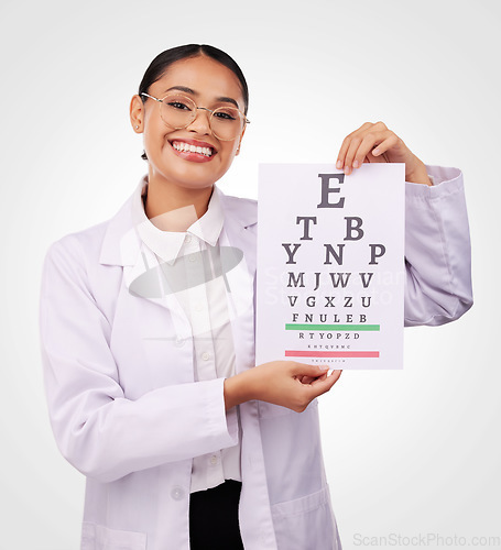 Image of Eye exam, chart and letter, vision and woman in portrait, optometrist and health isolated on white background. Assessment, diagnosis and healthcare with optometry, glasses and doctor in a studio