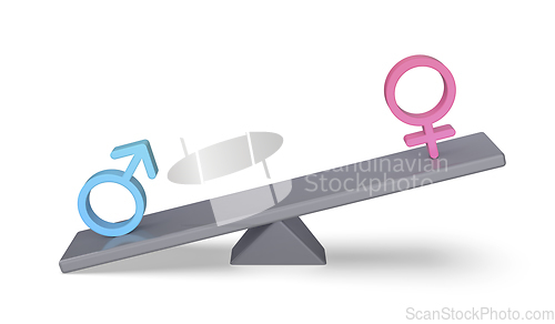 Image of Dominating male over female sign on seesaw