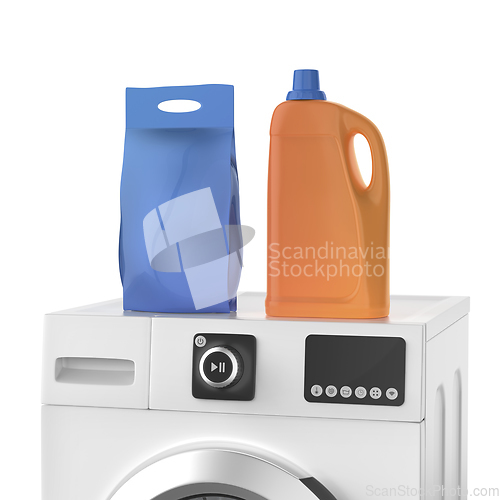 Image of Liquid detergent bottle and washing powder bag on washing machin