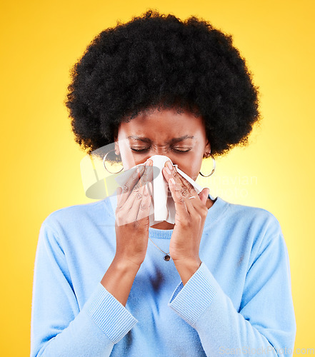 Image of Nose, sneeze and sick woman in studio for cold, allergies and risk of medical virus on yellow background. African model, tissue and ill health of sinusitis, allergy and bacteria of winter infection