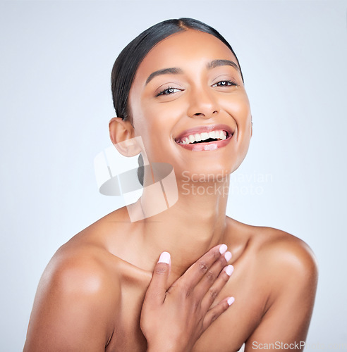 Image of Woman, natural beauty and face with dermatology and skincare isolated on white background. Portrait, happy Indian model with wellness and skin glow, facial for cosmetic care and clean in a studio