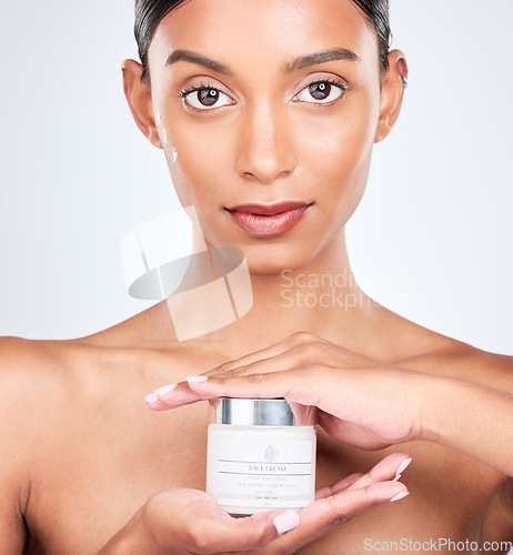 Image of Woman, beauty and cream with face, dermatology and skincare isolated on white background. Lotion, sunscreen and moisturizer in portrait with wellness, skin and facial mask for cosmetic care in studio