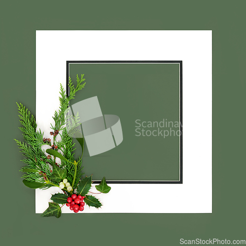 Image of Christmas Holly Berry and Winter Greenery Background Frame 